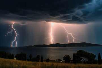 Photorealistic ai artwork of lightning in the night. Generative ai.