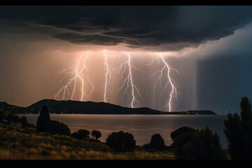Photorealistic ai artwork of lightning in the night. Generative ai.
