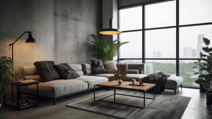 Living room decor, home interior design . Minimalist Contemporary style with Large window with city view decorated with Concrete and Wood material . Generative AI AIG26.