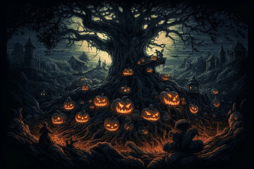 Ai artwork illustration of a Halloween background with a creepy tree and pumpkins. Generative ai.