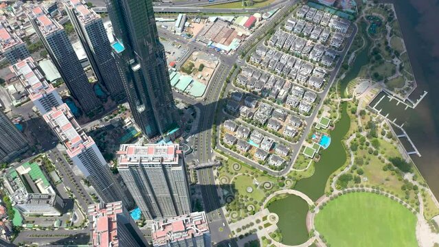 Ho Chi Minh City, Vietnam - May, 2023: Aerial view of center of Saigon riverside at Ho Chi Minh City, Vientam in sunrise or sunset