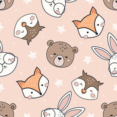 Seamless Vector Pattern with Cute Woodland Animals and Star. Childish Cartoon Animals Background. Cute Cartoon fox, raccoon, bear, rabbit, and owl. design for wallpaper, fabric, textile and more.