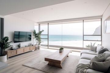 Obraz na płótnie Canvas Photorealistic ai artwork of a modern, luxury lounge room located with a view of the beach. Generative ai.