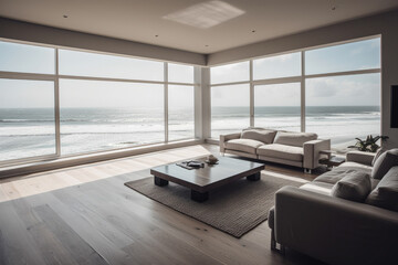 Fototapeta na wymiar Photorealistic ai artwork of a modern, luxury lounge room located with a view of the beach. Generative ai.