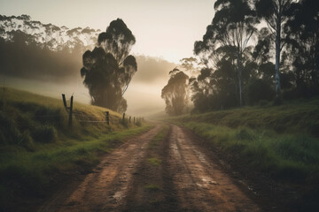 Photorealistic ai artwork of a rural, dirt road in Australia during a foggy dawn or sunrise. Generative ai.