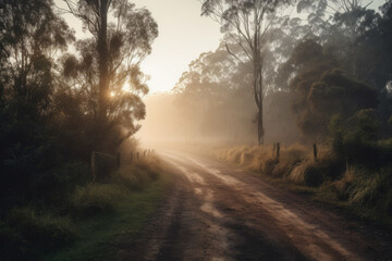 Naklejka na ściany i meble Photorealistic ai artwork of a rural, dirt road in Australia during a foggy dawn or sunrise. Generative ai.