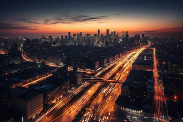 Fototapeta na wymiar Photorealistic ai artwork of traffic on highway at night. Generative ai.