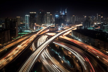 Photorealistic ai artwork of traffic on highway at night. Generative ai.