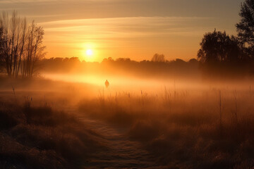Obraz premium Photorealistic ai artwork of a field with long grass and a creek sunrise. Generative ai.