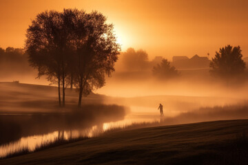 Photorealistic ai artwork of a field with long grass and a creek sunrise. Generative ai.