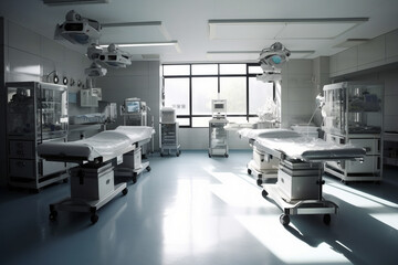 Photorealistic ai artwork of a futuristic surgical room in a medical hospital. Generative ai.