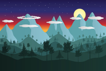 Mountain landscape at night in vector illustration. Trees and mountain peaks with clouds , starry sky and moon in the background.