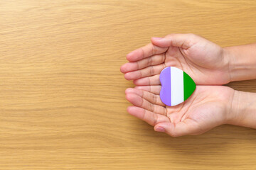 Queer Pride Day and LGBT pride month concept. hand holding purple, white and green heart shape for Lesbian, Gay, Bisexual, Transgender, genderqueer and Pansexual community