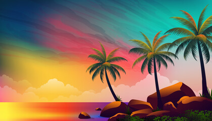 colorful sunset beach with palm trees and some rocks, vibrant color vector landscape