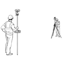 Two surveyors are standing and inspecting the site, vector drawing sketch