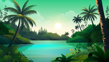 Fototapeta na wymiar Panoramic beautiful lake surrounded by lush tropical forest vecor cartoon landscape