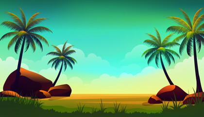 Coconut trees in the daylight beach with rock, beautiful vibrant color paradise vector landscape