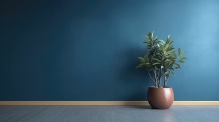 Fototapeta The indoor potted plants decoration in modern room with a wooden floor and blue wall. Generative AI AIG21. obraz