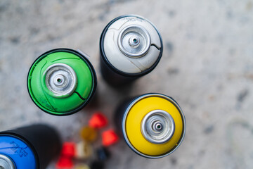 Close up of spray cans for drawing graffiti	
