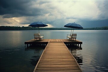 Wooden deck by beautiful lake with a couple of summer chairs and umbrellas. Generative AI