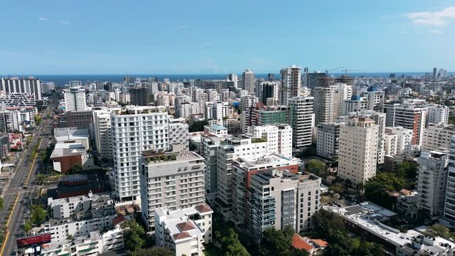 Aerial view of the Santo Domingo downtown. Skyscrapers and office buildings in the big city. The capital of Dominican Republic