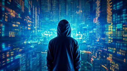 Anonymous hacker, surrounded by a network of glowing data. Cybersecurity, Cybercrime, Cyberattack. Generative AI