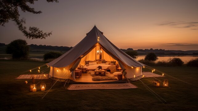 Cozy Glamping Tent at Sunset with Warm Lights and Rustic Charm, AI Genrative