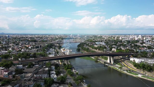 Aerial view of Matias Ramon Mella and Juan Pablo Duarte bridges over The Ozama River. Santo Domingo, Dominican Republic