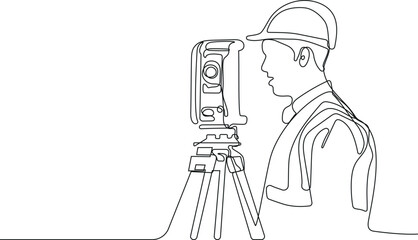 Close up of Caucasian worker with helmet on head using tablet for work while standing in warehouse. Surveyor with a tripod icon. Geodesic tripod. Vector illustration