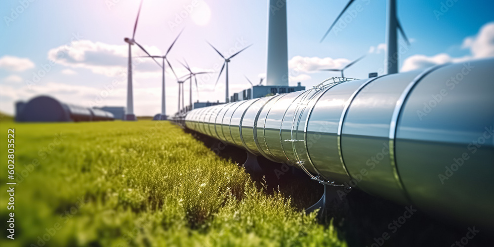 Wall mural a hydrogen pipeline with wind turbines and in the background. green hydrogen production concept