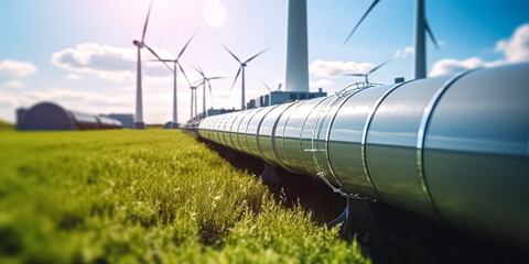 A hydrogen pipeline with wind turbines and in the background. Green hydrogen production concept - obrazy, fototapety, plakaty