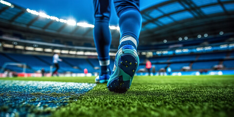 Close-up of a athlete's feet in soccer shoes in the stadium, athlete during training session on the football field. © Viks_jin