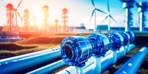 Fototapeta A hydrogen pipeline with wind turbines and in the background. Green hydrogen production concept obraz