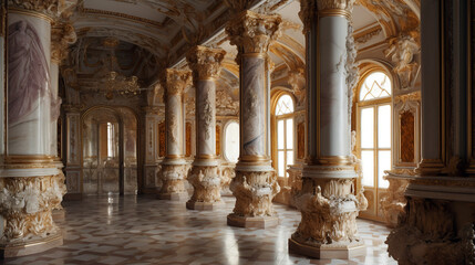Obraz premium Luxury interior of the royal palace with beautiful golden ornaments. Generative ai illustration