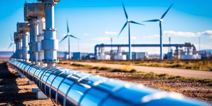 A hydrogen pipeline with wind turbines and in the background. Green hydrogen production concept