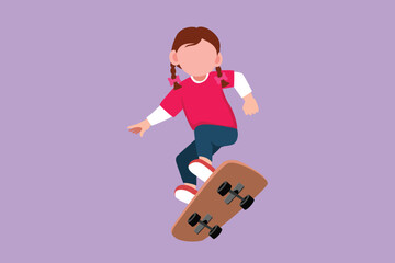 Character flat drawing pretty little girl playing on skateboard. Cheerful kid accelerating doing jumping. Happy children on skateboarding ride at outdoor playground. Cartoon design vector illustration