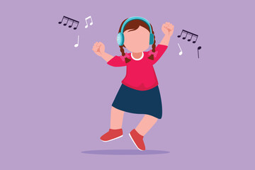 Cartoon flat style drawing pretty little girl listening to music with headphones on her head. Kids wearing earphones and headphones, listening to music and dancing. Graphic design vector illustration