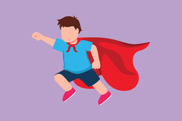 Graphic flat design drawing adorable little boy flies through air in super hero pose with outstretched hand. Happy kids in super hero costume, cloak tied around neck. Cartoon style vector illustration