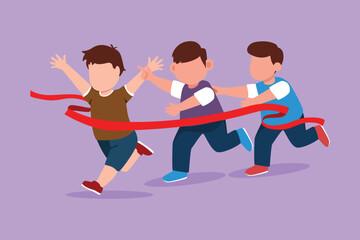Fototapeta na wymiar Cartoon flat style drawing children in athletics competitions. Happy little boys run in stadium and finish. Adorable kids came running first and won. Sport activity. Graphic design vector illustration