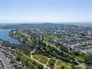 Fototapeta na wymiar Aerial view of house around Lake Murray reservoir in San Diego, California, USA
