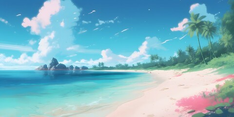 background illustration beach paradise, tropical, white sand, turquoise water, blue sky