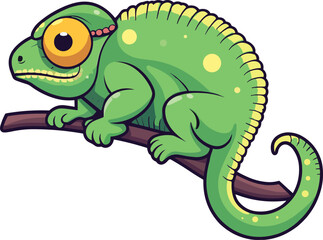 Cartoon image of a chameleon on a branch.
