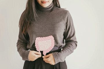 Woman hands holding intestine shape, healthy bowel digestion, leaky gut, probiotic and prebiotic for gut health, colon, gastric, stomach cancer concept