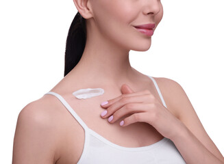 Obraz na płótnie Canvas Woman with smear of body cream on her collarbone against white background, closeup