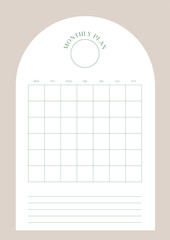 A monthly plan template with a simple and minimal style. Note, scheduler, diary, calendar planner document template illustration.
