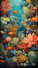 Fototapeta na wymiar Knit background of underwater coral reef bursting with life including fish and coralMade with the highest quality generative AI tools 
