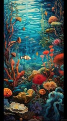 Obraz na płótnie Canvas Knit background of underwater coral reef bursting with life including fish and coralMade with the highest quality generative AI tools 
