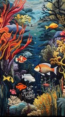 Fototapeta na wymiar Knit background of underwater coral reef bursting with life including fish and coralMade with the highest quality generative AI tools 