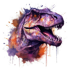 Watercolor portrait of a Tyrannosaurus rex Dinosaur head in purple color tone and mood style. Watercolor paint and splash on paper. Generative AI