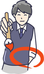 朱色の筆で赤い丸を付ける笑顔のネクタイの男性のイラスト　上半身